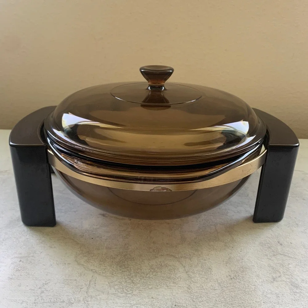 Vintage Pyrex 024 Amber 2 Qt Round Casserole Dish Lid & Warming Cradle Stand